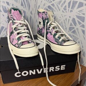 Converse Women's Pink and Green Floral High-Tops